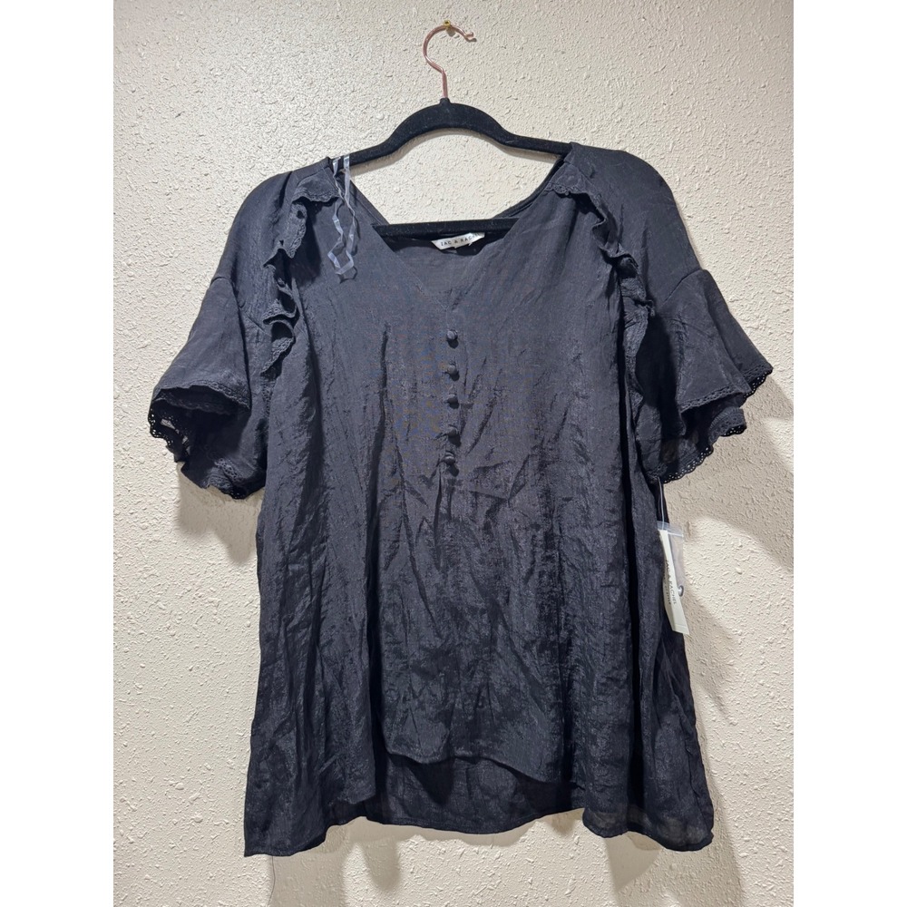 Zac & Rachel Black Ruffle Eyelet Lace V-Neck Blouse MT81JQ120 NWT Womens Large‎
